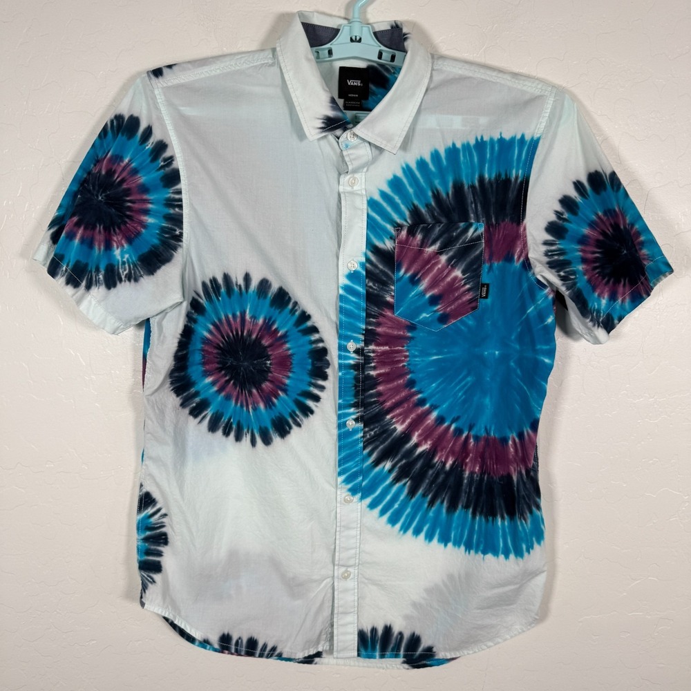 Vans Shirt Mens Medium Blue Button‎ Up Short Sleeve Skater Tie Dye Colorful